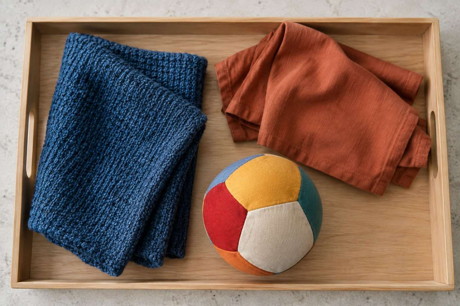Dos telas de distintas texturas y una pelota grande de tela en una bandeja.