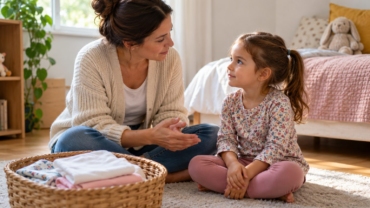 Una madre habla con su hija vestida junto a una cesta con ropa limpia doblada en una habitación.